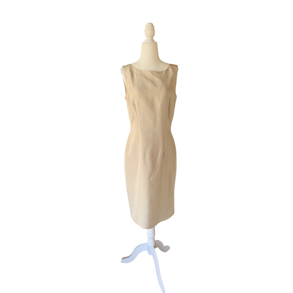 Vintage Maggy London 100% Silk Champagne Sheath Dress Boat Neck Scoop Back 8